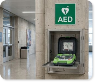Ilustrácia použitia automatického externého defibrilátora (AED) a základných úkonov resuscitácie.