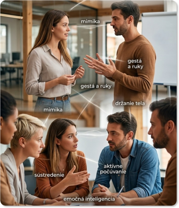 Účastníci workshopu pri skupinovej diskusii a modelových komunikačných situáciách.