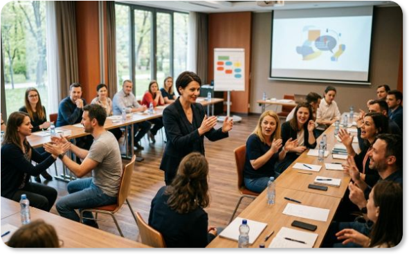 Účastníci školenia aktívne cvičia neverbálne zručnosti a interakciu v dvojiciach pod vedením lektorky počas workshopu ProArt Agency.