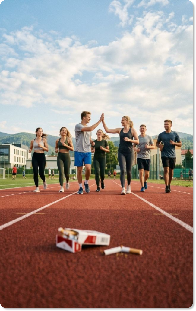 Skupina mladých ľudí beží na atletickej dráhe a v popredí leží zlomená cigareta ako symbol športu a života bez závislostí.