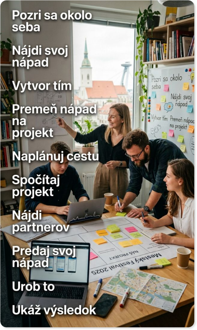 Tím ľudí pracujúci na projekte s postupom krok za krokom: od nápadu, cez tvorbu tímu, plánovanie a financie až po realizáciu a výsledok.