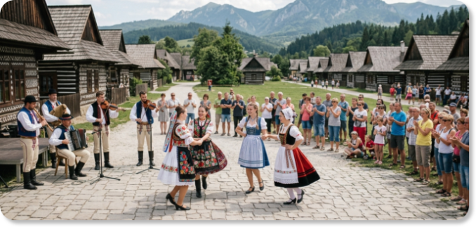 Vystúpenie folklórneho súboru v tradičných slovenských krojoch s hudobníkmi a tanečníkmi pred divákmi v drevenej dedinke.
